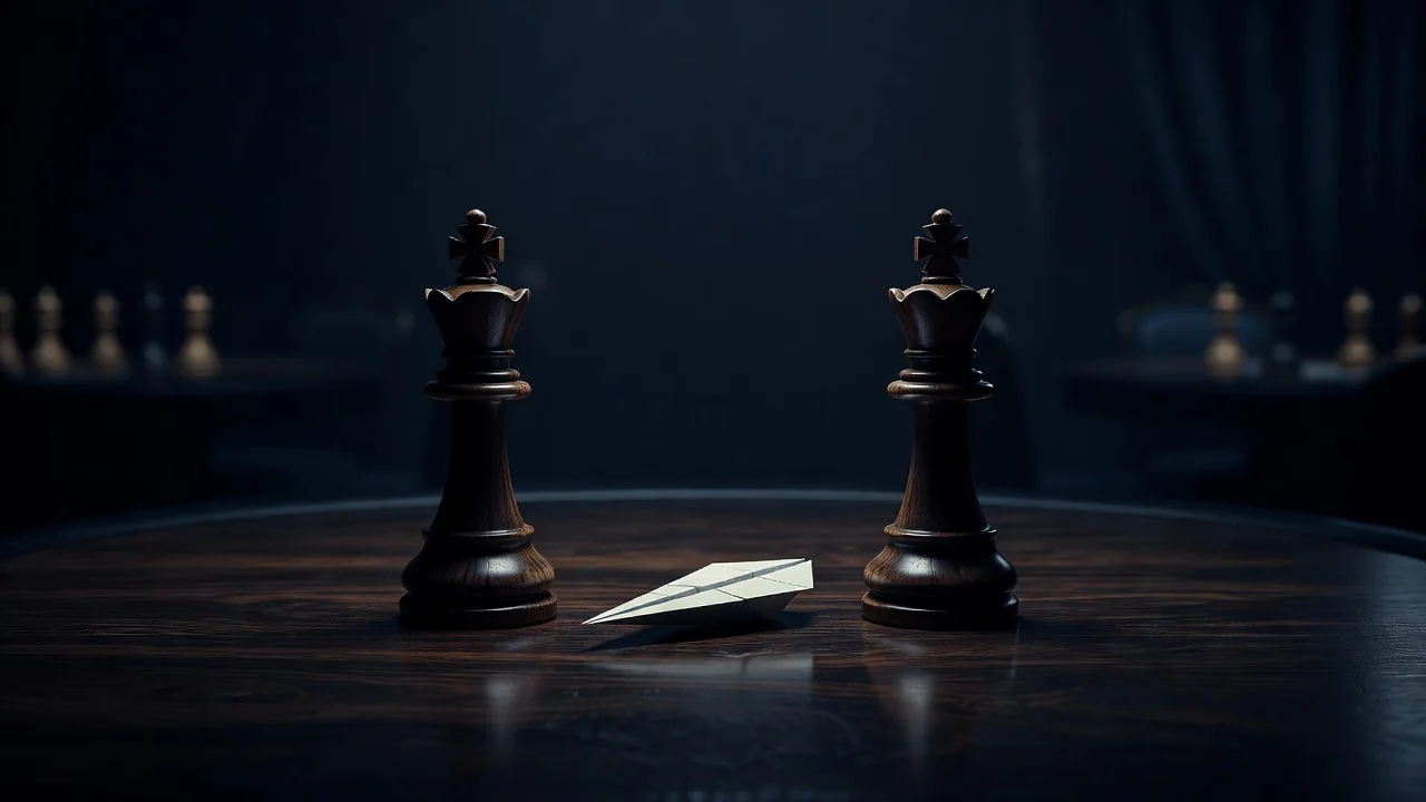 Chess pieces lined up beside a paper plane on a dark board