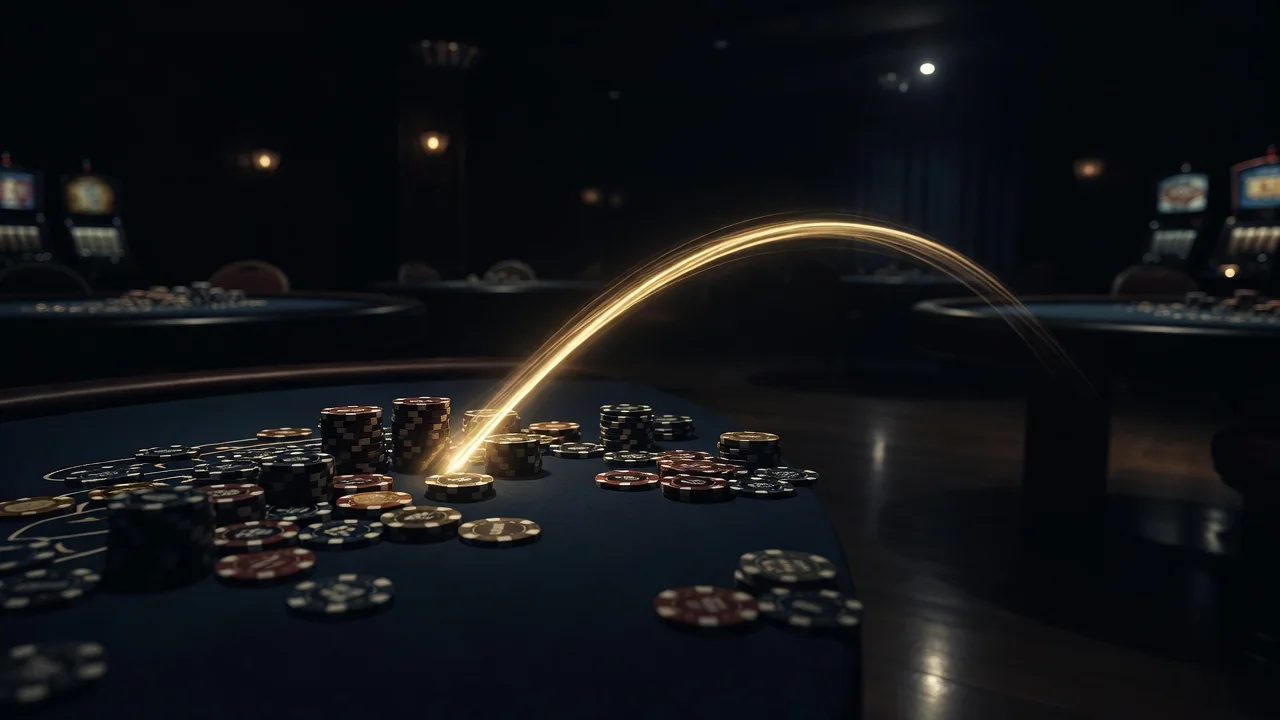 Rising curve of light drawn above casino chips in the dark