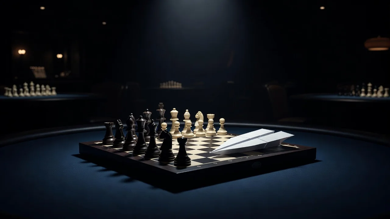 Paper plane and chess pieces on a dark board