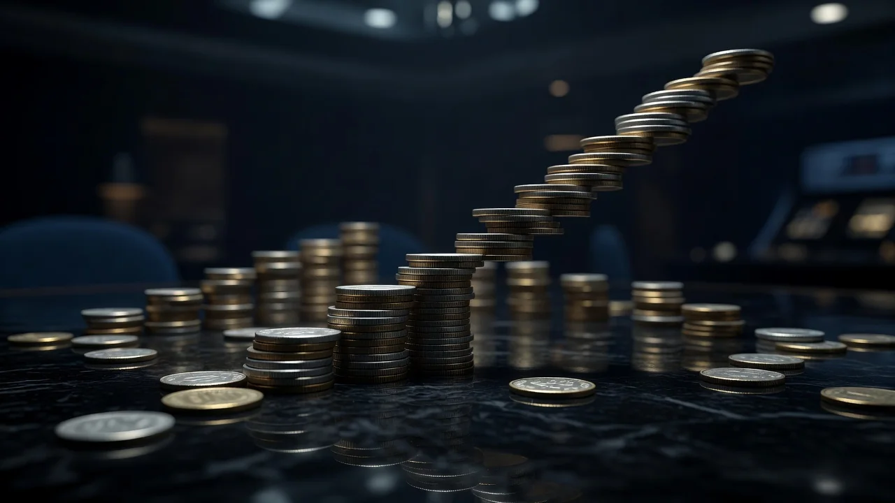 Coins stacked in ascending columns on a dark desk