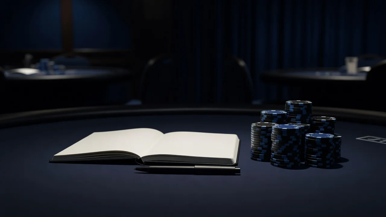 Blank notebook with a pen beside neatly stacked chips
