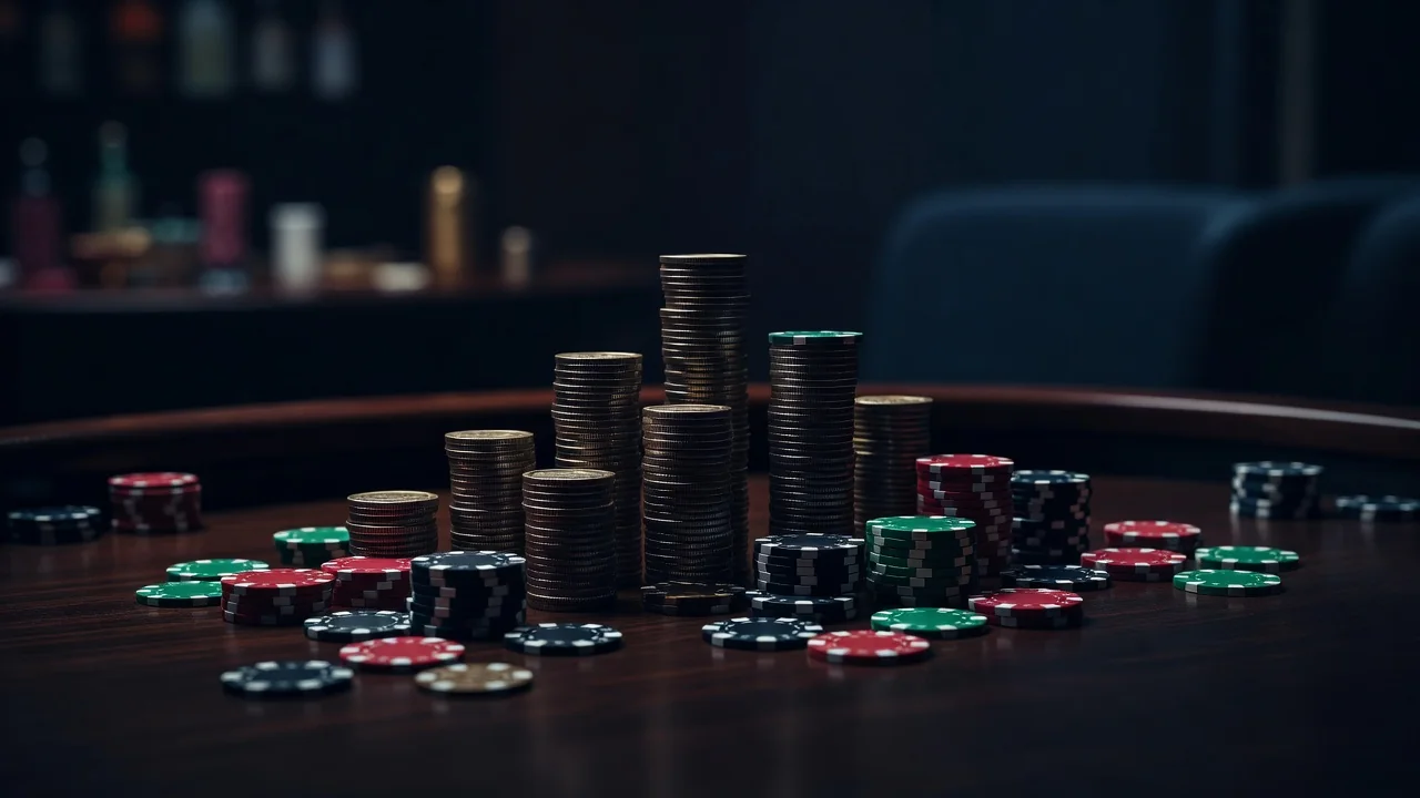 Coins stacked in even columns next to casino chips