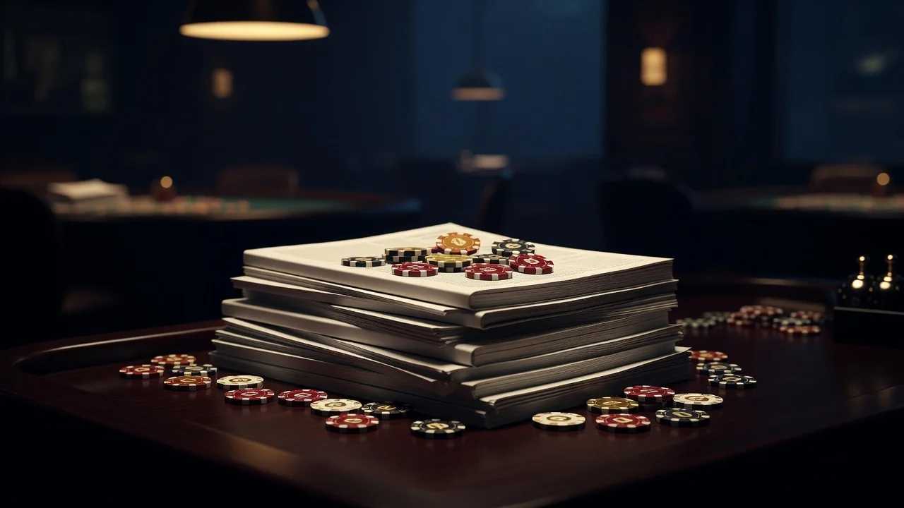 Stack of blank magazines and casino chips on a dark desk