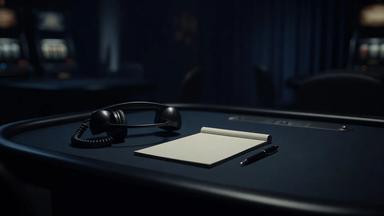 Headset lying beside a blank notepad on a dark desk