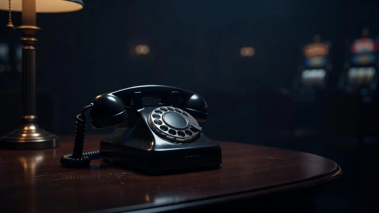 Vintage telephone on a dark wooden table