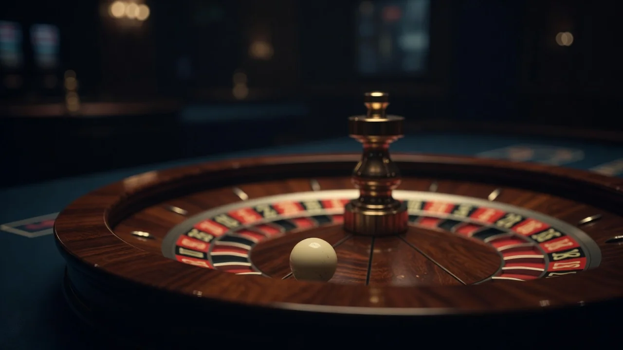 Roulette wheel close-up with ivory ball on a dark casino table