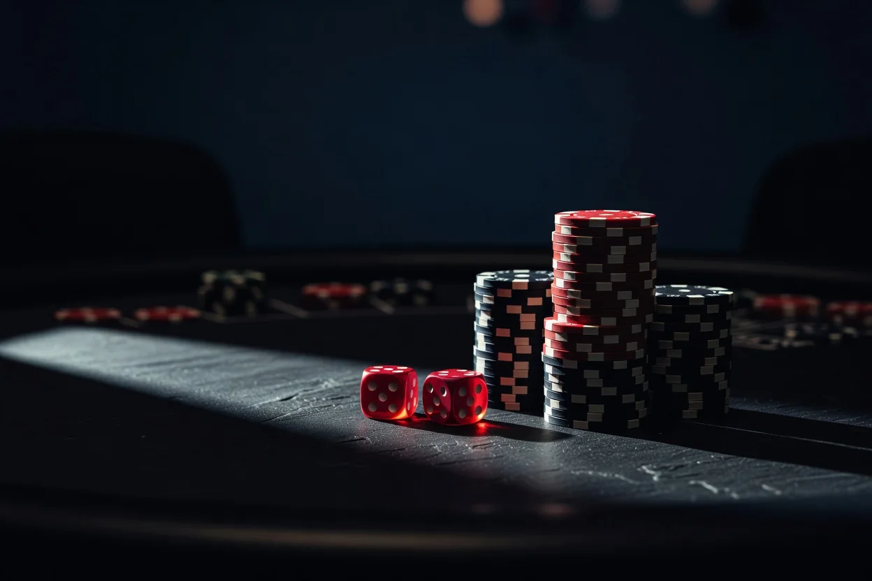 Two dice and a neat stack of casino chips on a dark table