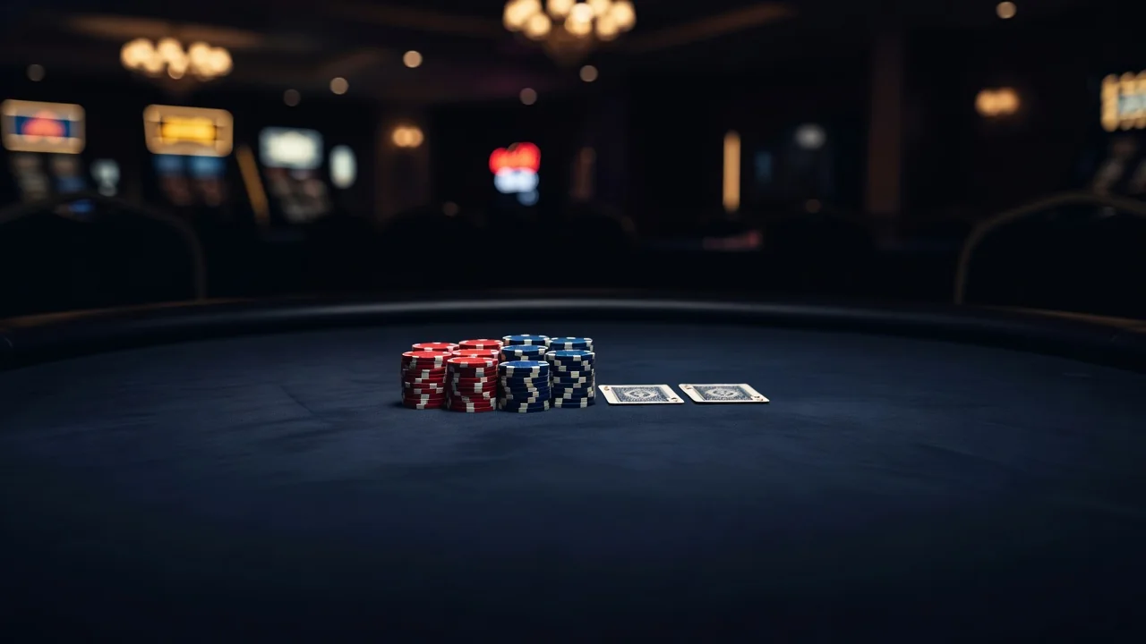 Casino table with stacked chips and playing cards on dark navy felt