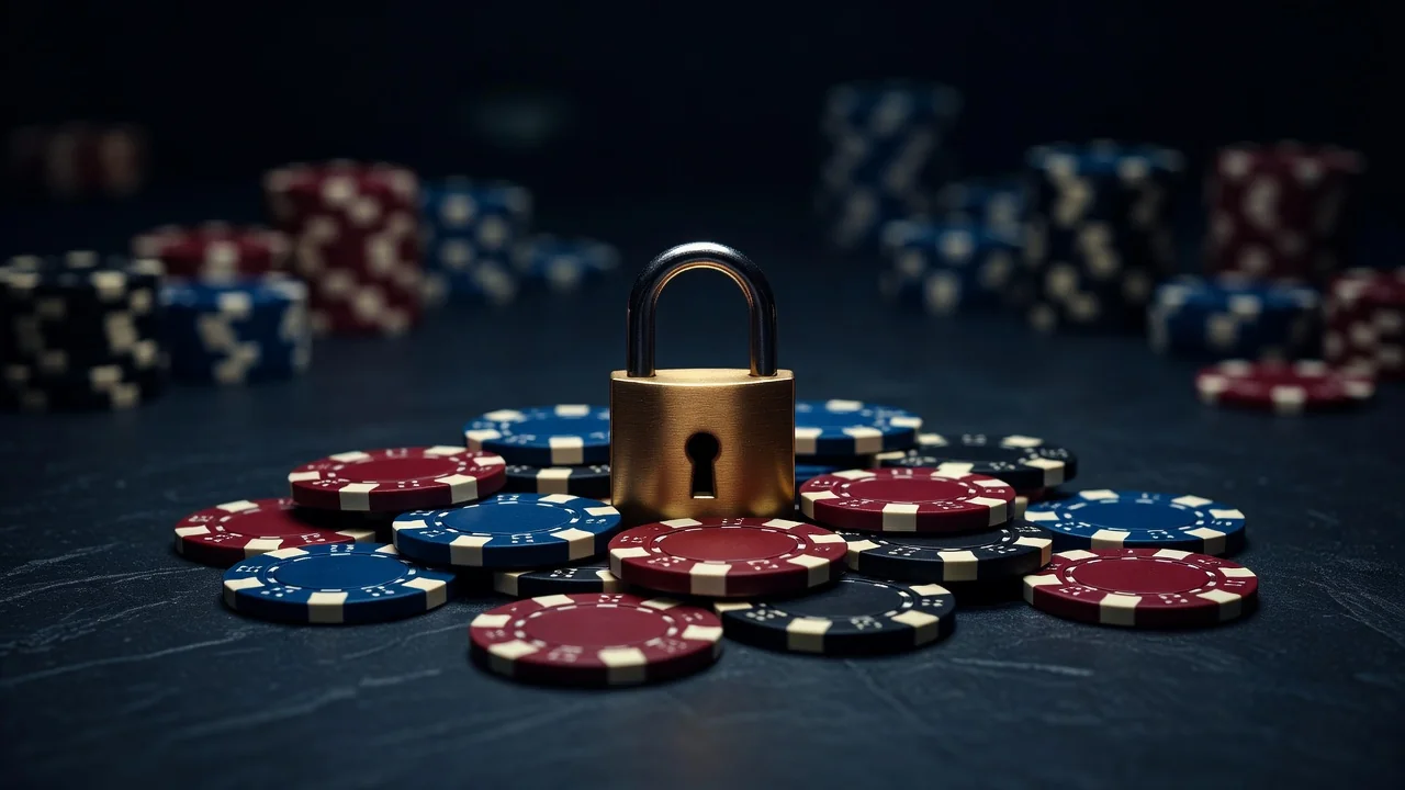 Golden padlock standing upright among casino chips on dark slate
