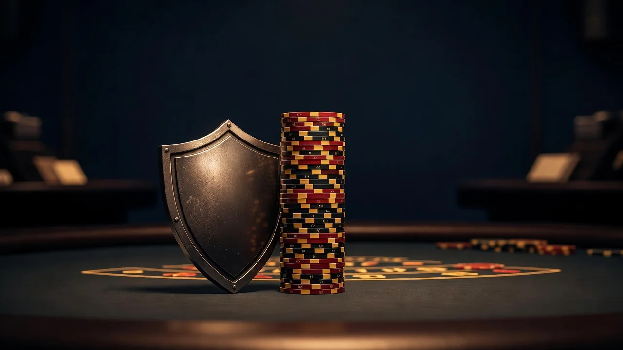 Metal shield beside a neat stack of casino chips in warm light
