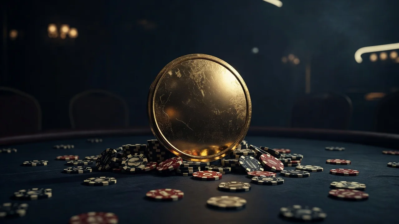 Golden shield standing among casino chips on dark felt