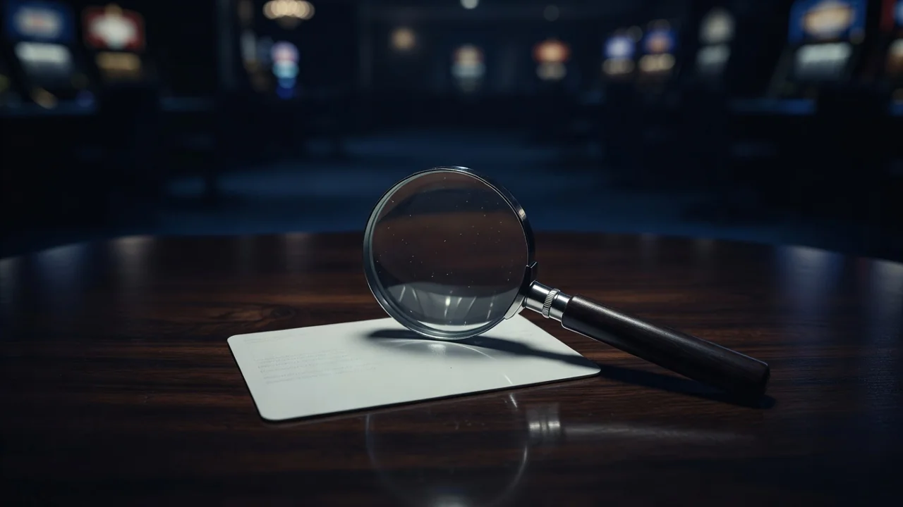 Magnifying glass lying over a blank ID card on dark wood
