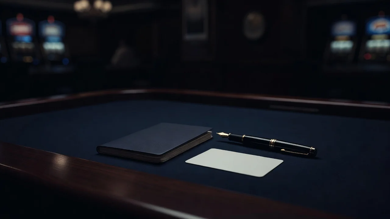 Closed passport and blank ID card beside a fountain pen on dark desk