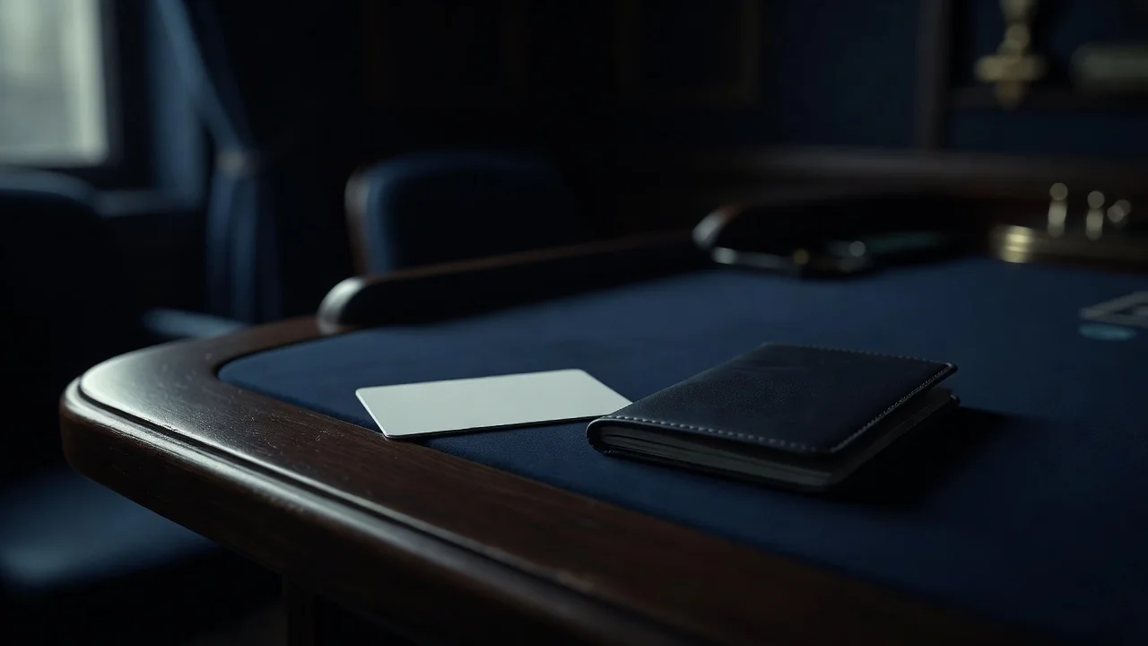 Blank ID card and closed passport on a dark desk
