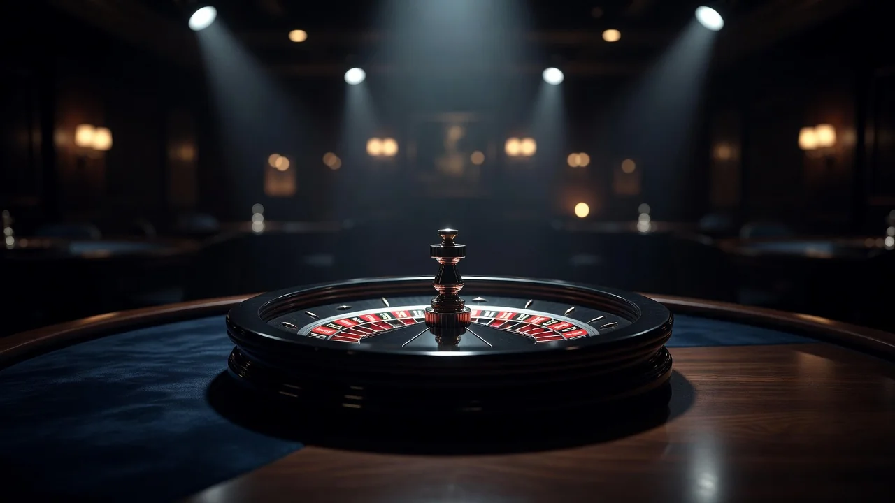 Roulette wheel under studio spotlights with blurred lights behind