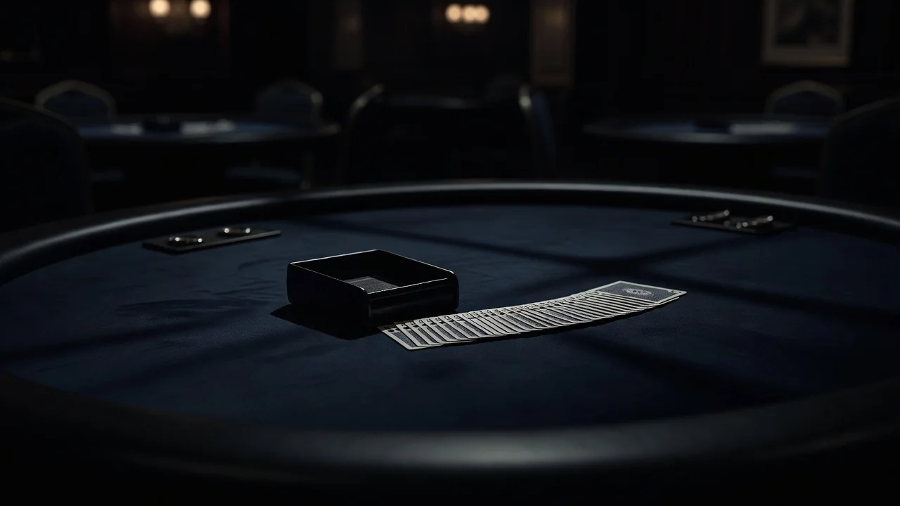 Card shoe and fanned playing cards on an empty casino table