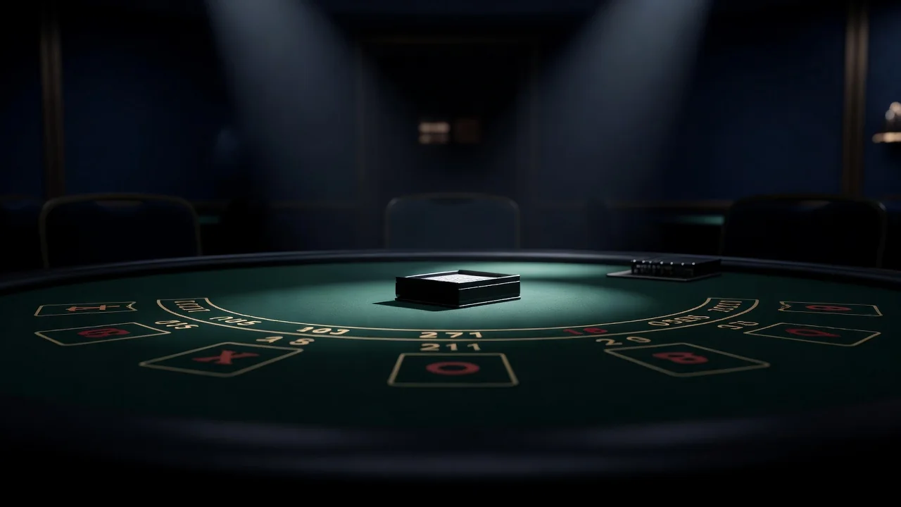 Empty casino table with card shoe under studio lights