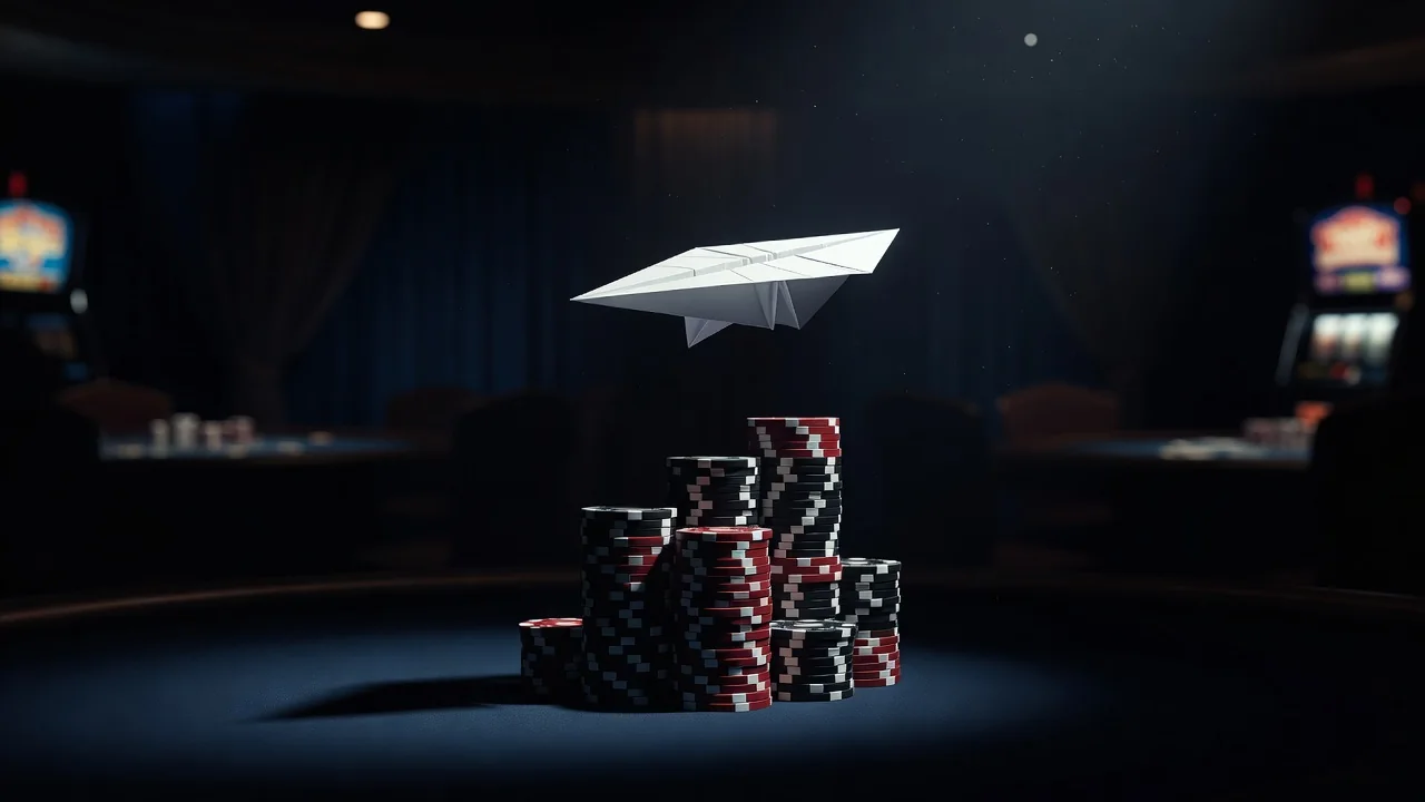 Paper plane ascending over a stack of casino chips in dark light