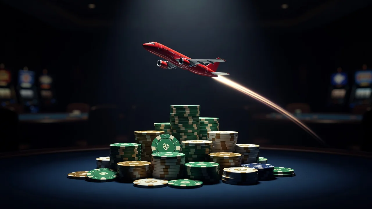 Small red toy plane climbing over casino chips in dark light