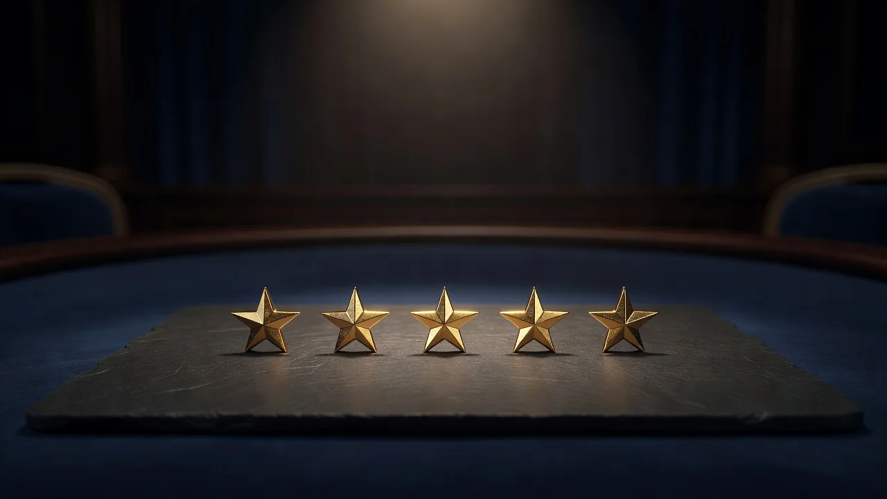 Five small golden stars arranged on dark slate