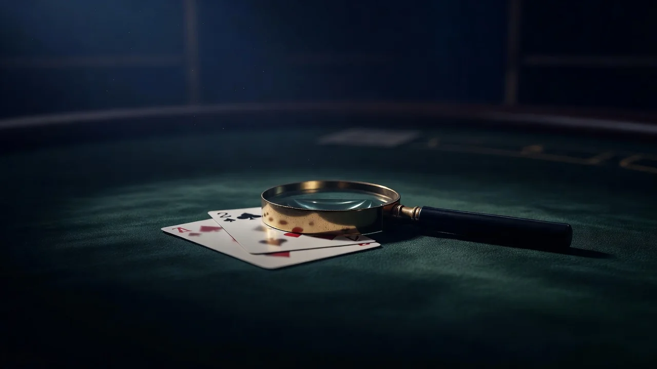 Magnifying glass lying over playing cards on dark felt