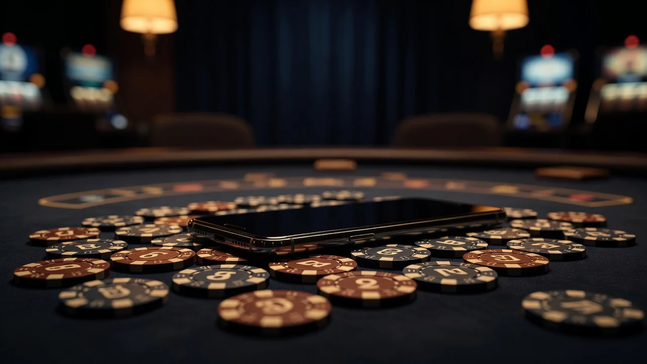 Smartphone close-up surrounded by casino chips in warm light