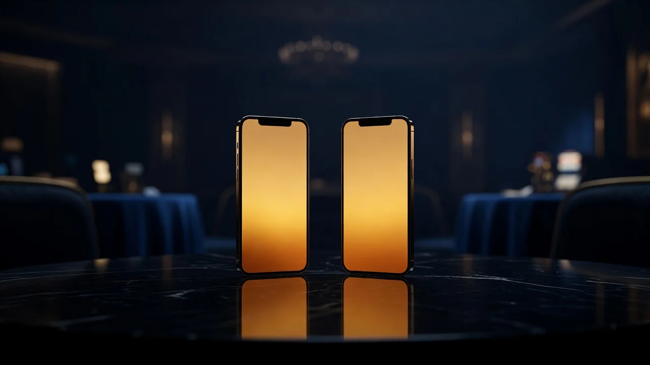 Two smartphones glowing with warm light on a dark table