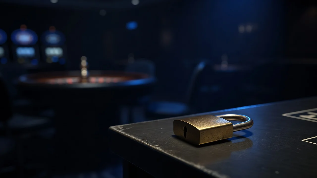 Brass padlock on a dark surface lit by cool blue light