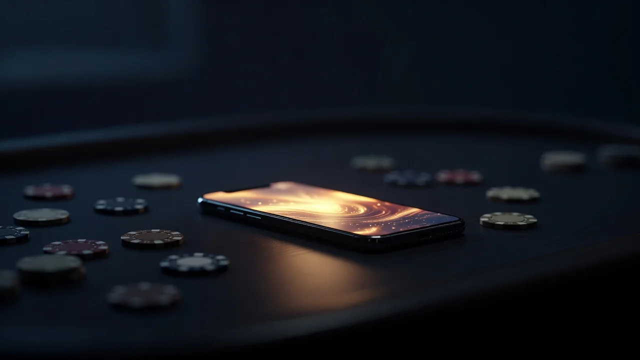 Smartphone glowing on a dark desk next to casino chips