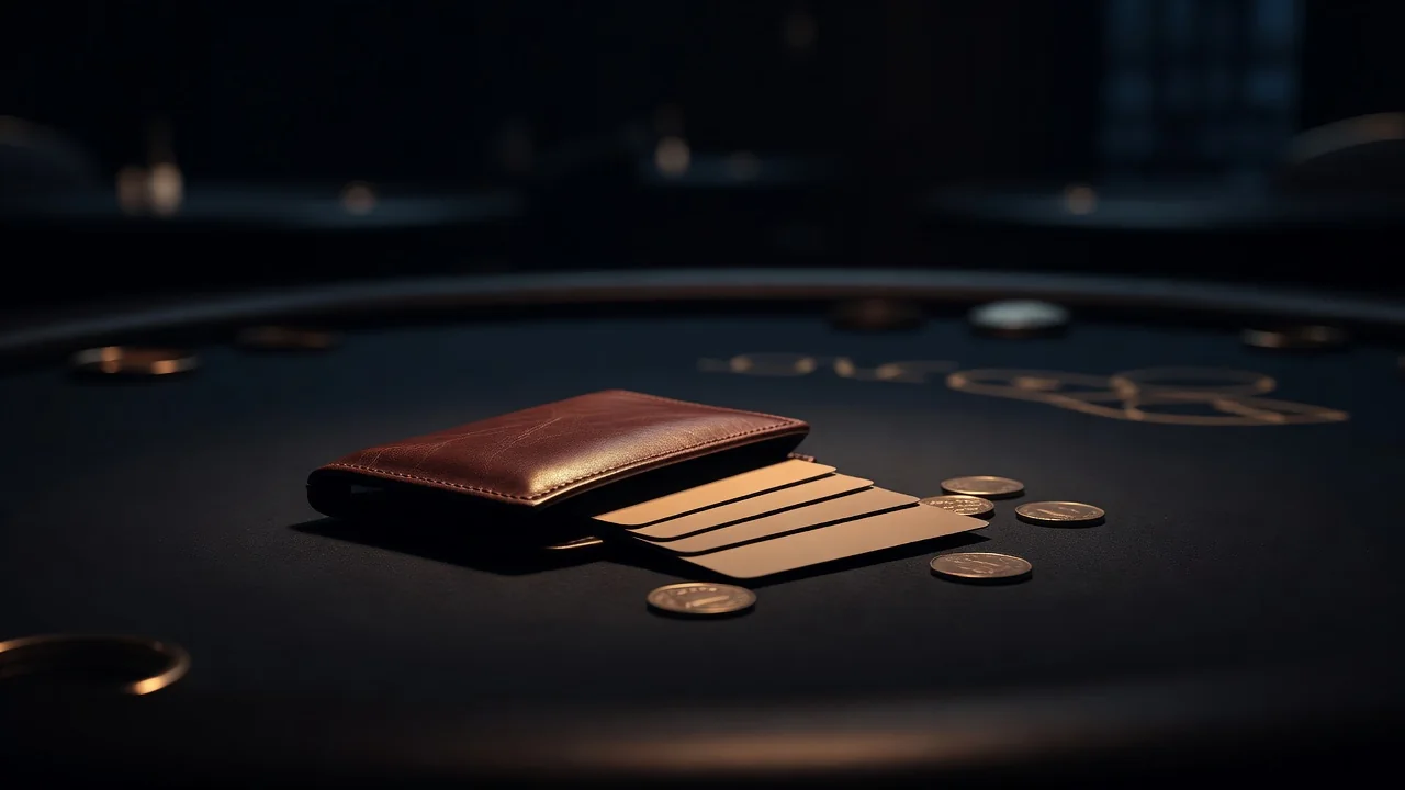 Leather wallet with blank cards and coins on a dark surface