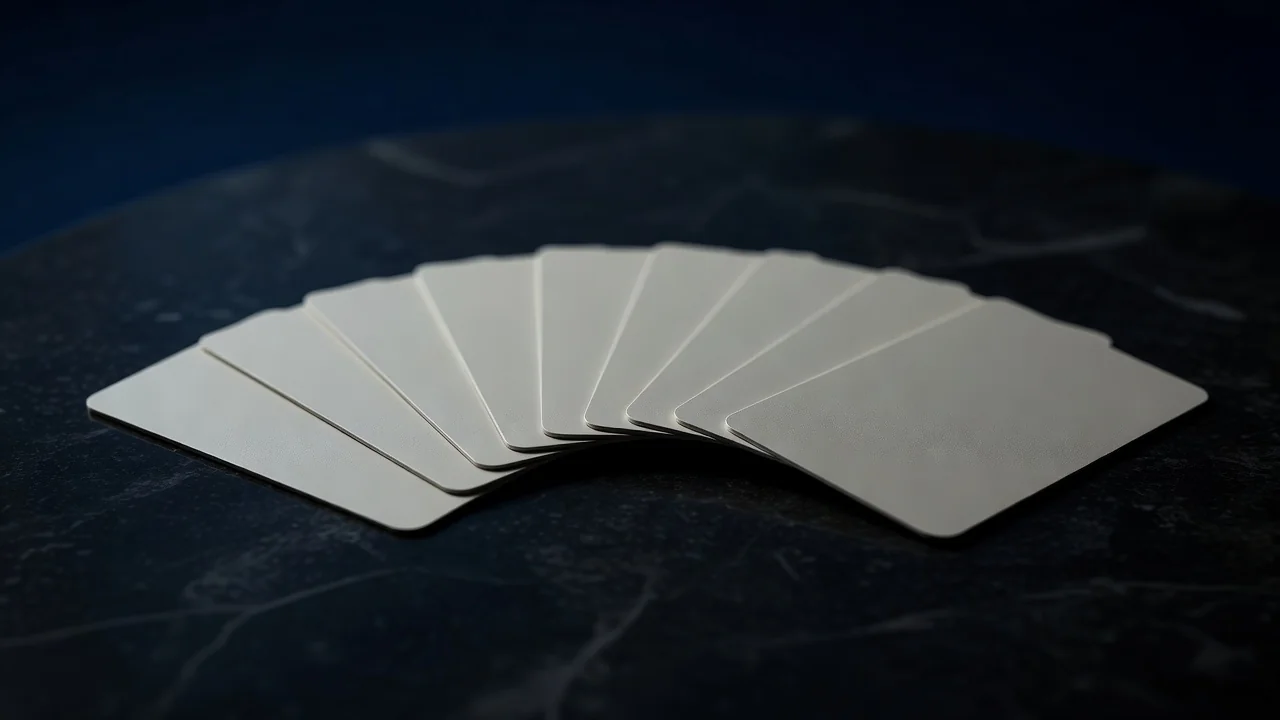 Blank matte bank cards fanned on a dark surface