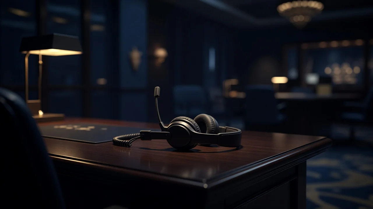 Headset resting on a dark desk in warm light