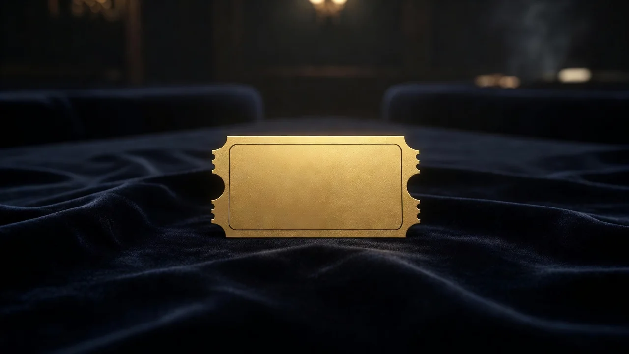 Golden ticket-shaped blank card among casino chips in warm light