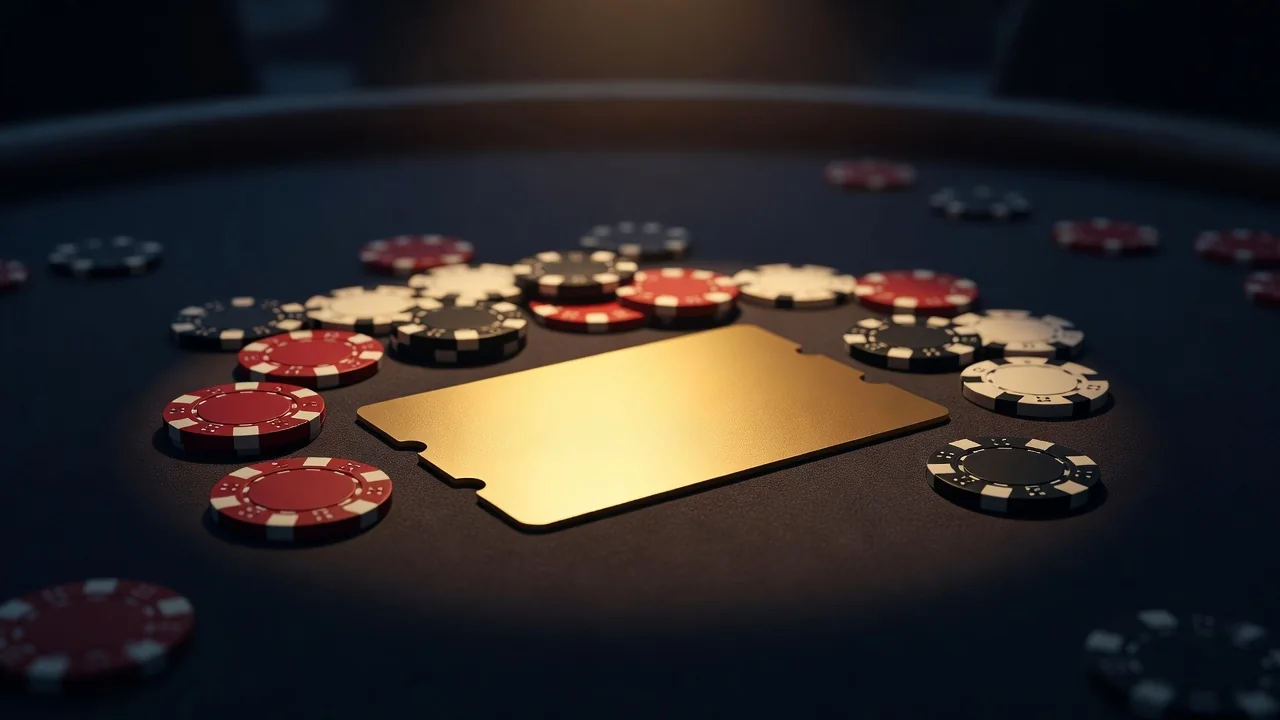 Blank golden coupon card and casino chips in warm light