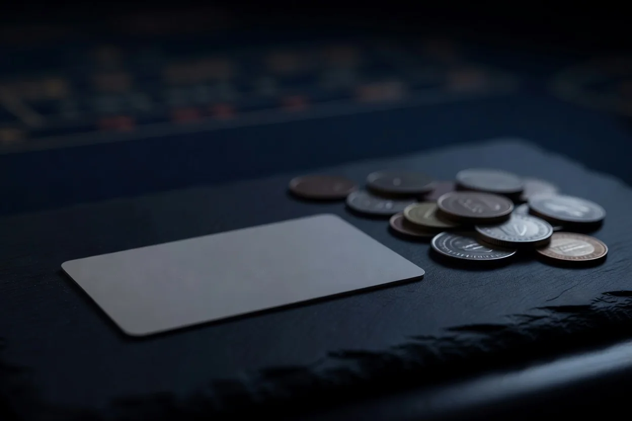 Blank matte bank card beside a small pile of coins on slate