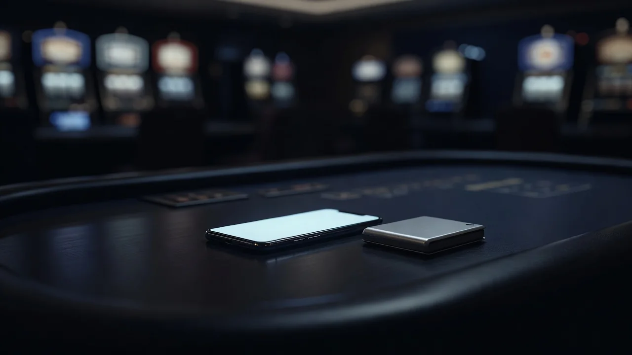 Smartphone showing a bright blank screen next to a hardware wallet on dark desk