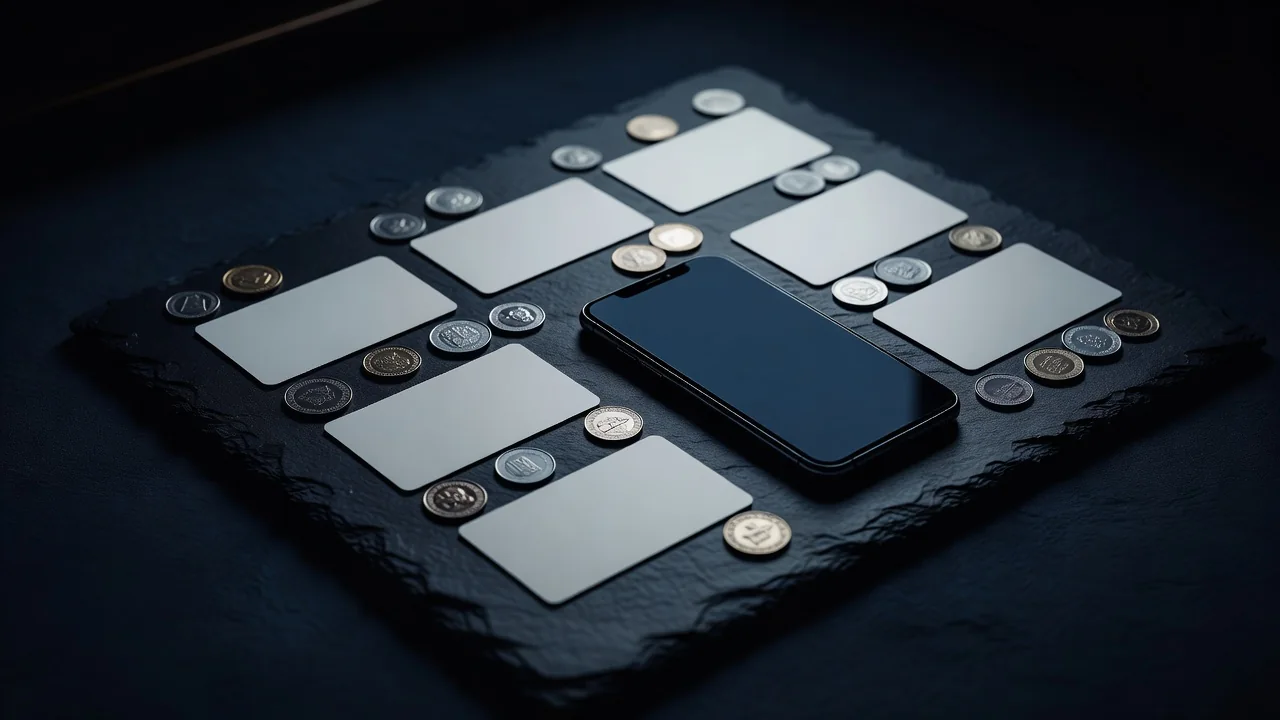 Blank bank cards, coins and a smartphone on dark slate