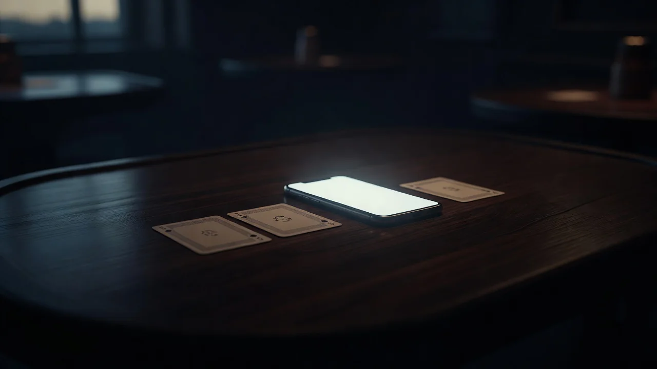 Smartphone with a bright blank screen beside playing cards on wood