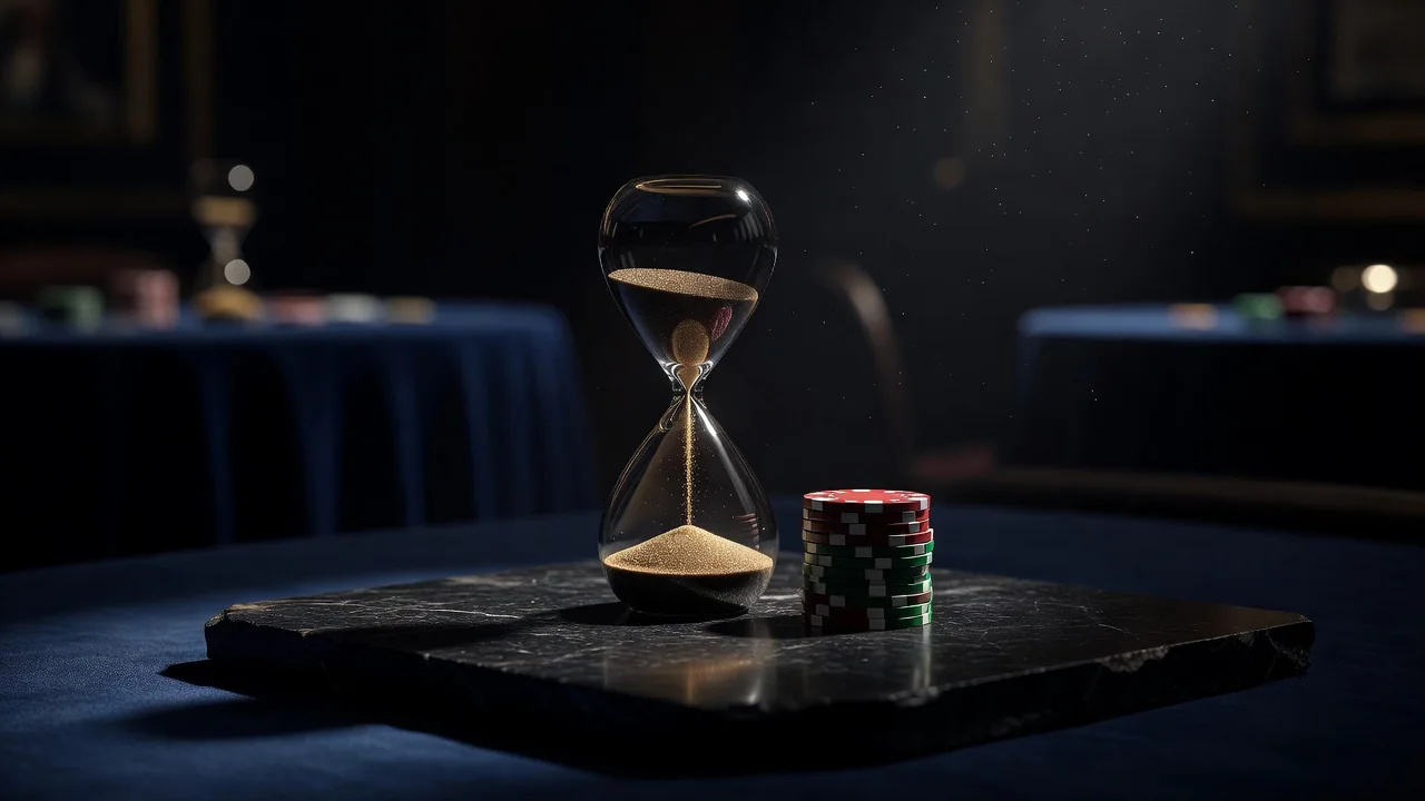 Hourglass next to a small stack of casino chips on dark stone
