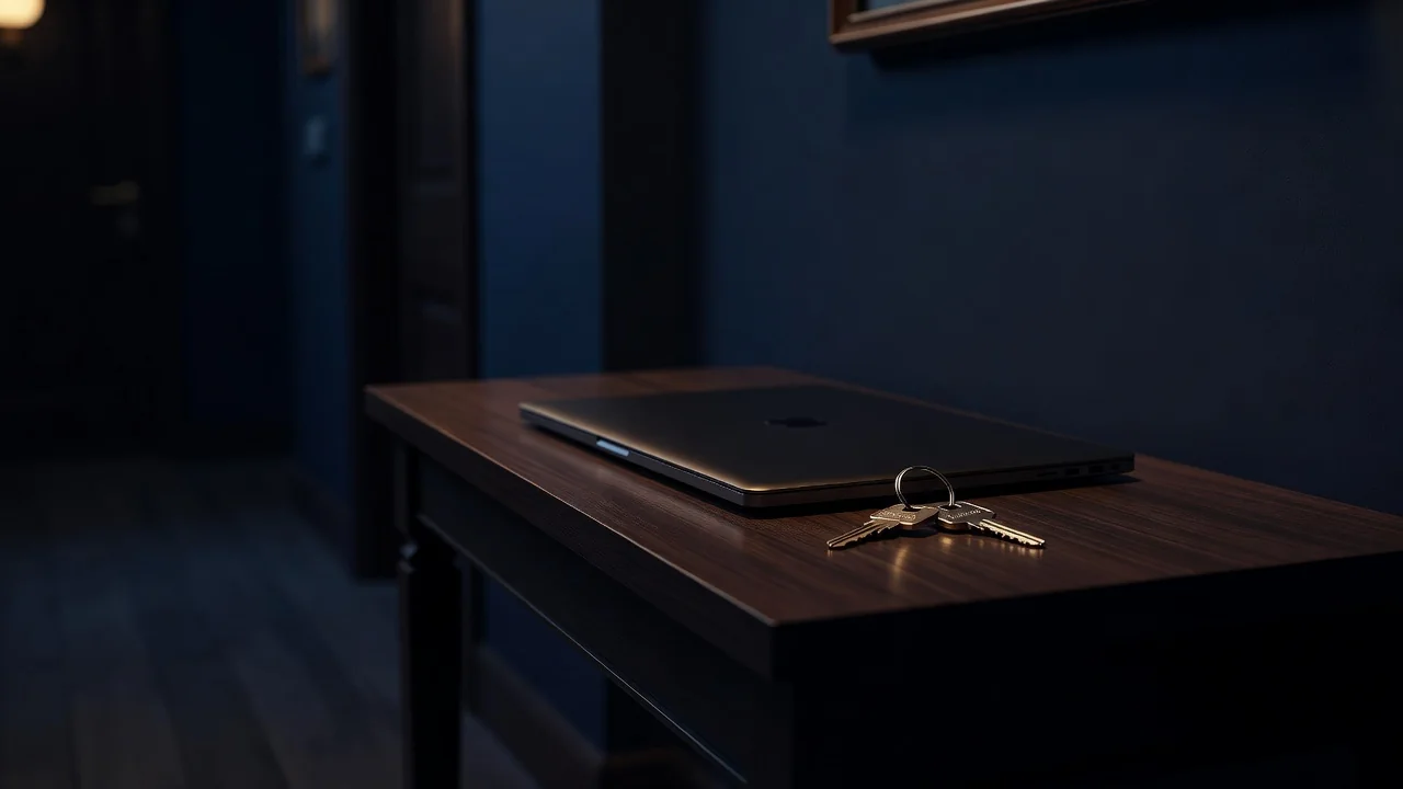Closed laptop and house keys on a hallway table in soft light