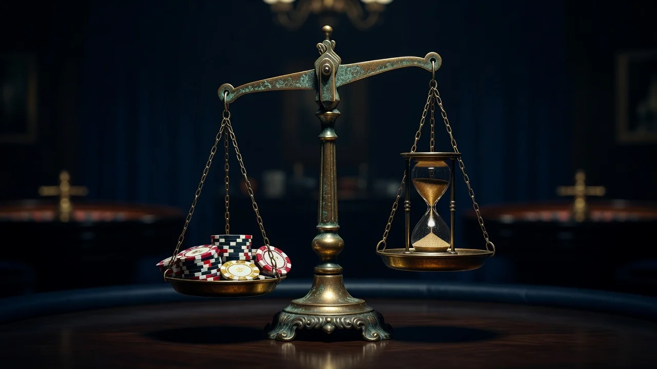 Balance scale with casino chips on one side and an hourglass on the other
