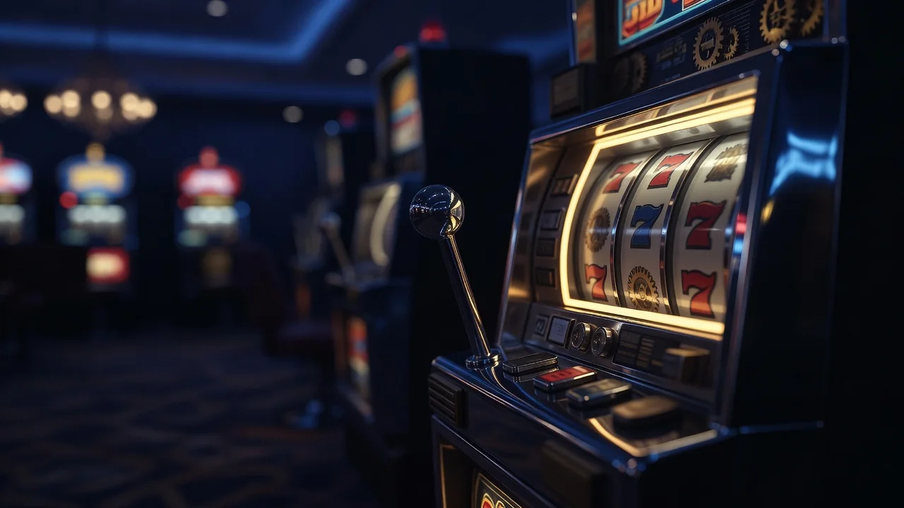 Slot machine lever and glowing reels edge in a dark casino