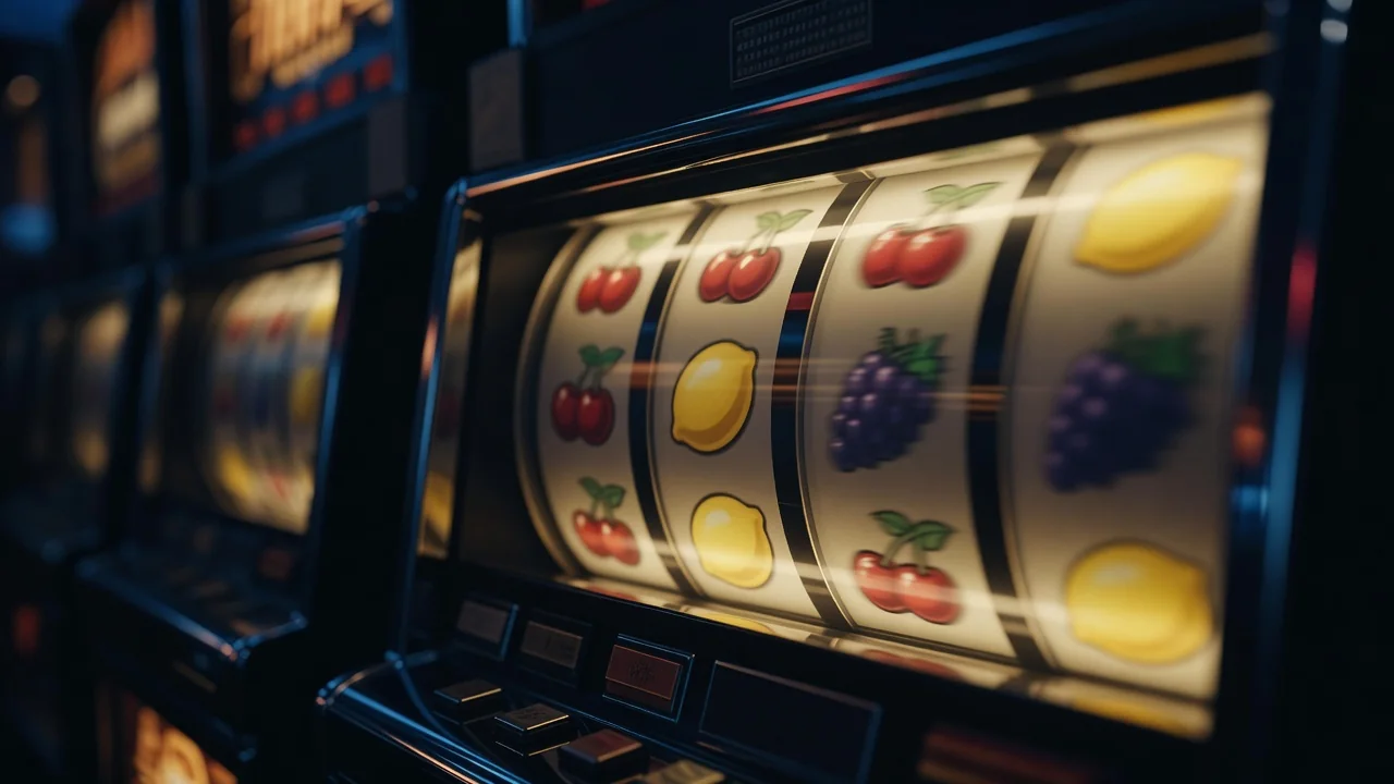 Close-up of fruit symbols on blurred spinning slot reels