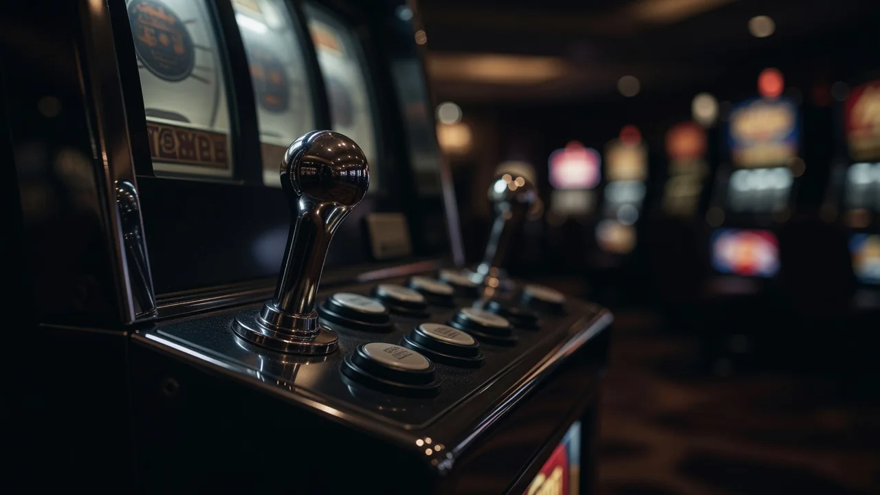 Slot machine reels with fruit symbols in soft motion blur