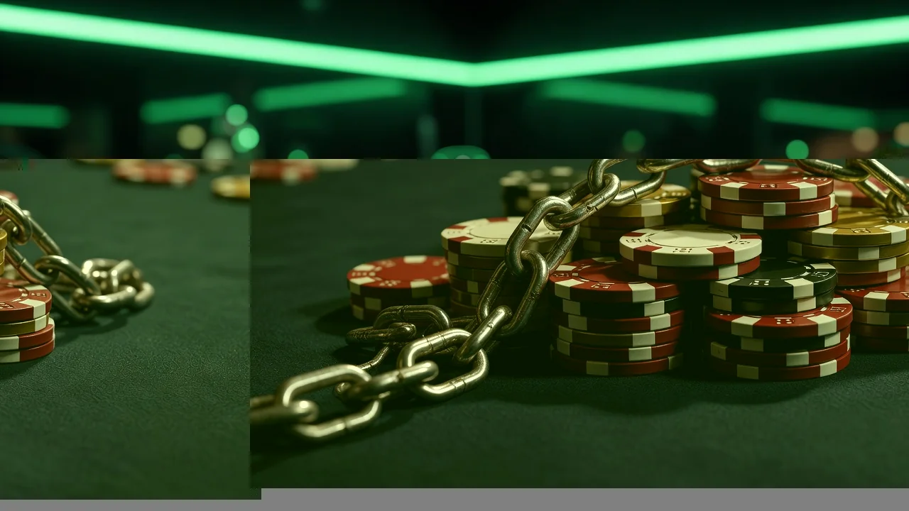 Chain lying across a stack of casino chips on dark felt