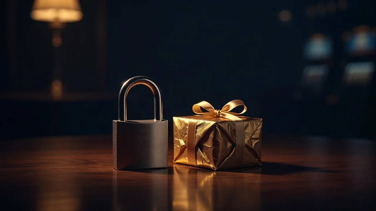 Open padlock beside a small golden gift box on dark wood