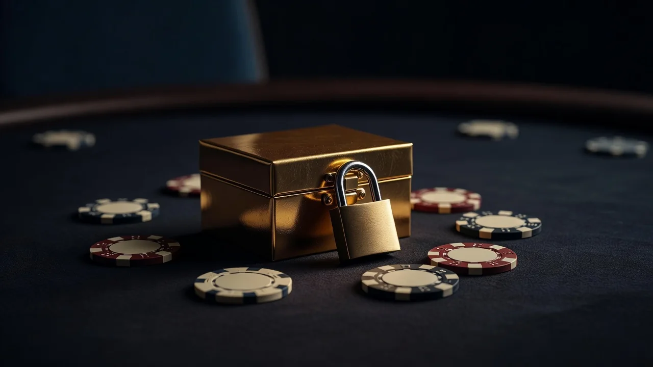 Padlocked golden gift box beside casino chips